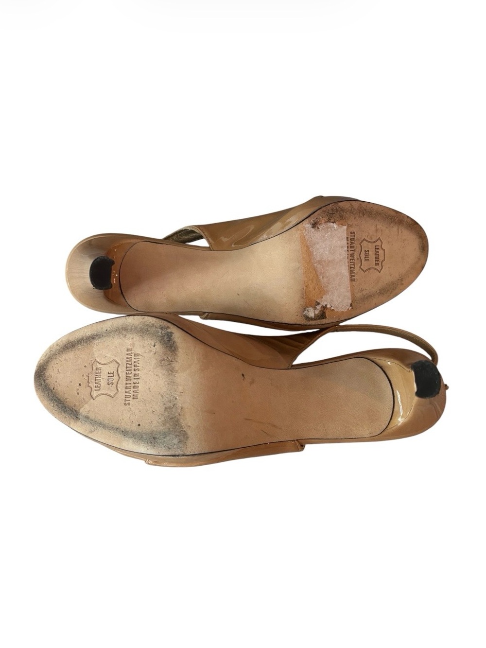 Stuart Weitzman Nude Patent Leather Slingback Peep-Toe Pumps - Picture 7 of 8
